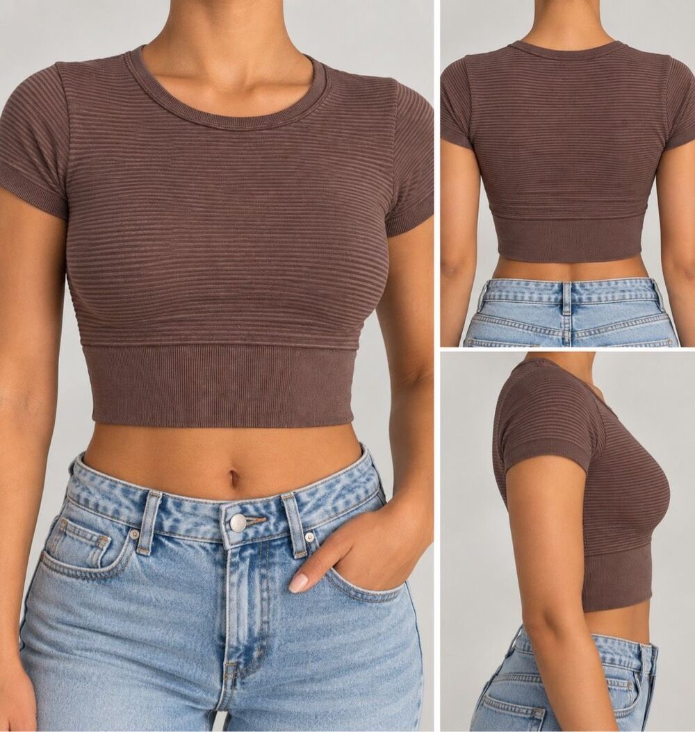 Aerie Offline XS Brown Ribbed Cropped T-Shirt Seamless Baby Tee